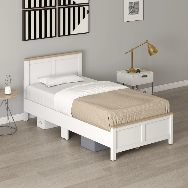 HOMCOM Twin Bed Frame with Headboard, Modern Platform Bed Frame with Wooden Slats, No Box Spring Needed, Easy Assembly, White