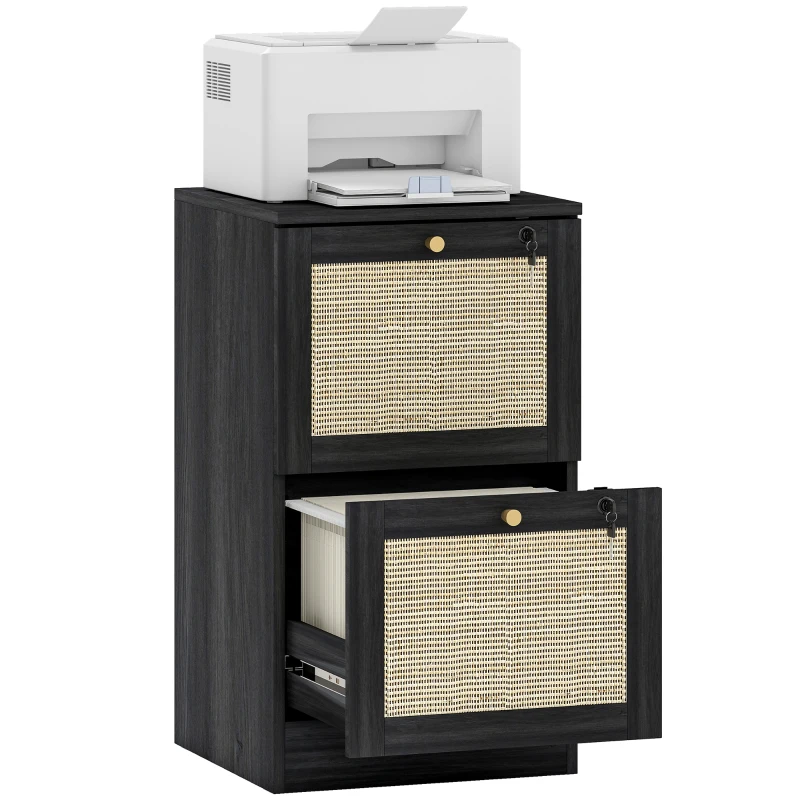 HOMCOM 2 Drawer Filing Cabinet with Lock, Boho File Cabinet for A4 Letter Size Files with Decorative Rattan Accents, Black