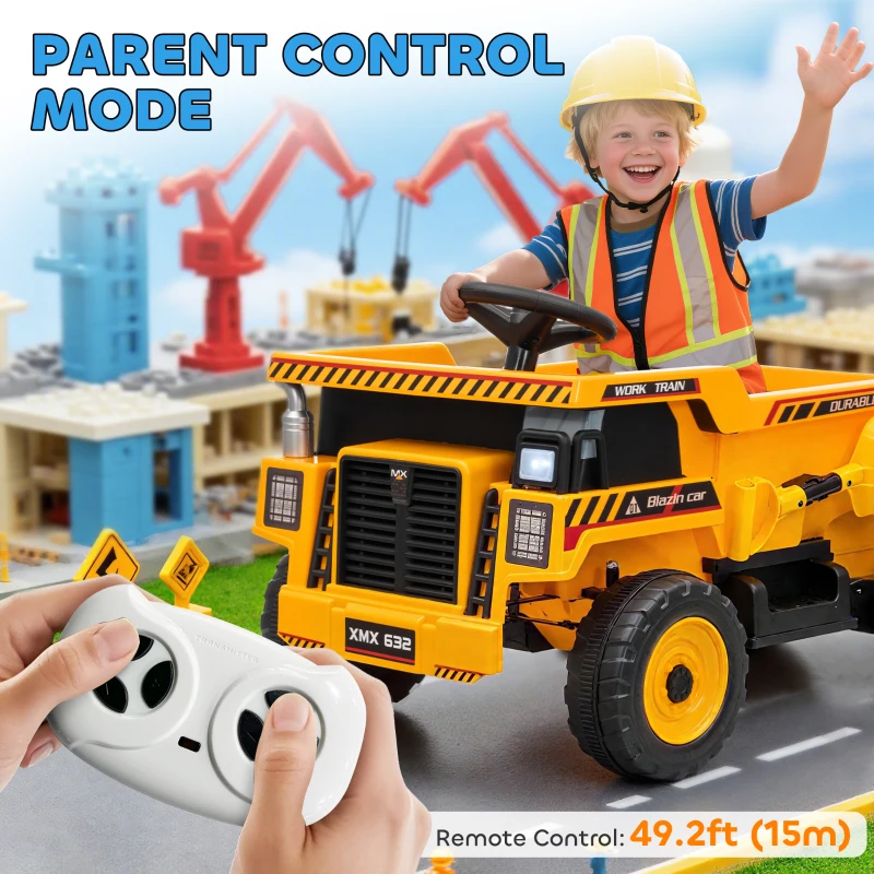 Qaba Kids Electric Car, Ride On Dump Truck, 12V Ride On Toy with Electric Dump Bed and Remote Control, Yellow