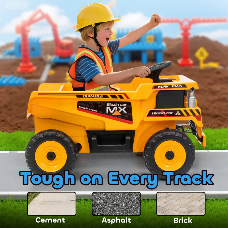 Qaba Kids Electric Car, Ride On Dump Truck, 12V Ride On Toy with Electric Dump Bed and Remote Control, Yellow