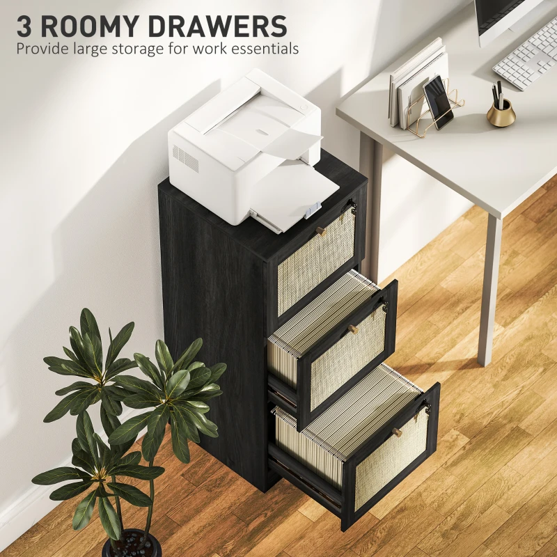 HOMCOM 3 Drawer Filing Cabinet with Lock, Boho File Cabinet for A4 Letter Size Files with Decorative Rattan Accents, Black