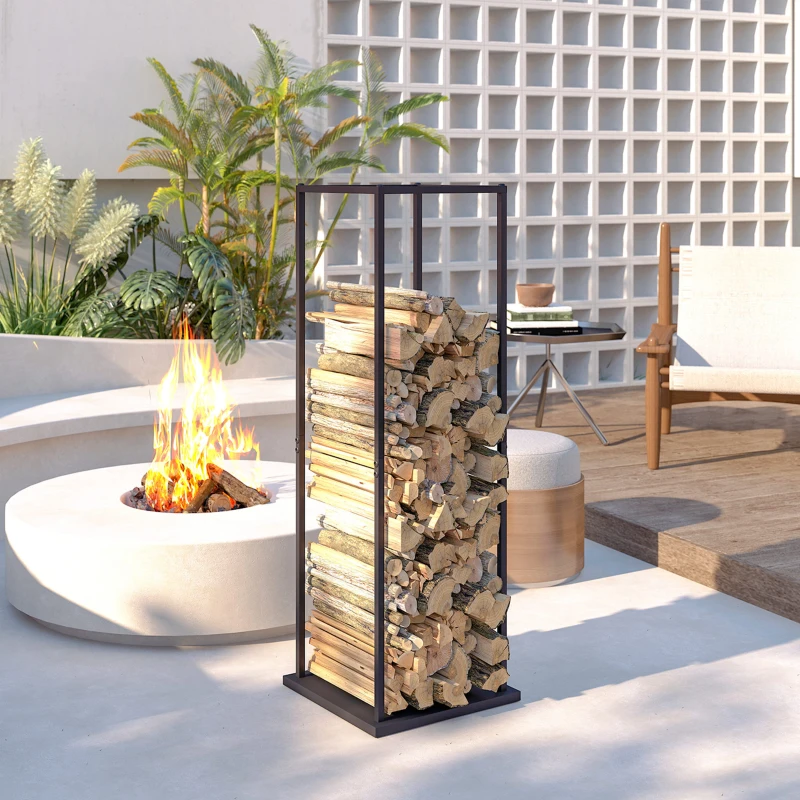Outsunny Firewood Rack Outdoor, Heavy Duty Log Holder, Vertical Fireplace Storage Rack, 220 lbs Capacity, 13" x 13" x 43", Black