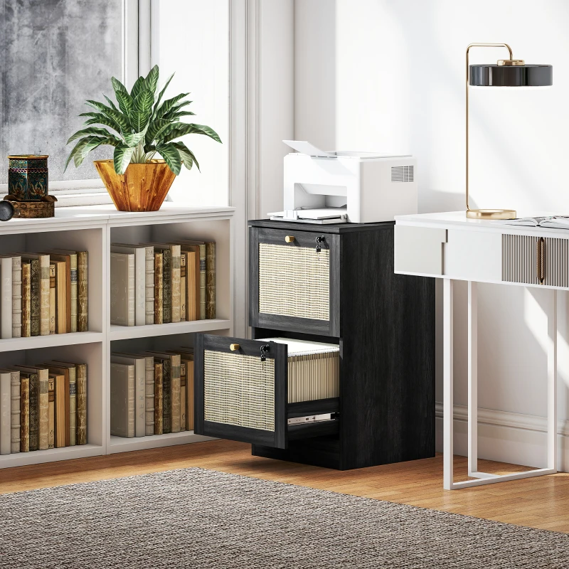 HOMCOM 2 Drawer Filing Cabinet with Lock, Boho File Cabinet for A4 Letter Size Files with Decorative Rattan Accents, Black