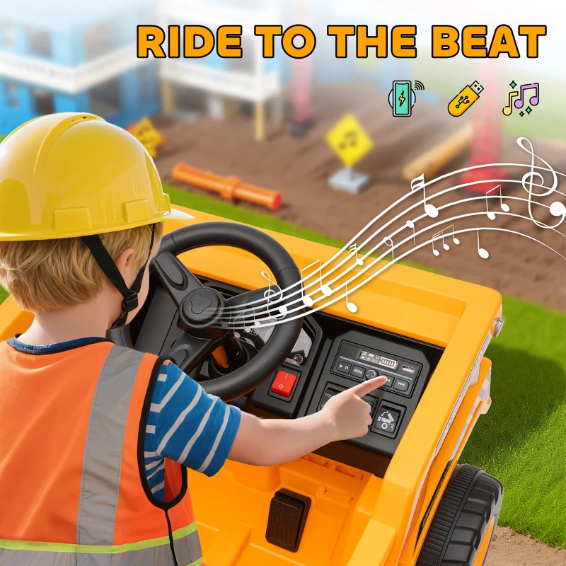 Qaba Kids Electric Car, Ride On Dump Truck, 12V Ride On Toy with Electric Dump Bed and Remote Control, Yellow