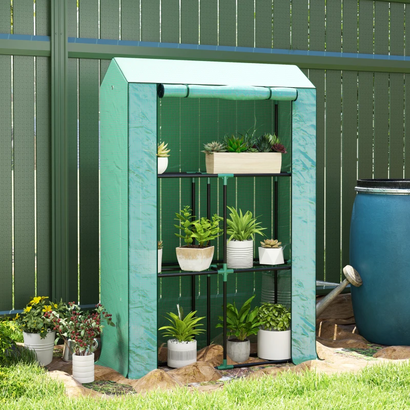 Outsunny Mini Greenhouse with 3 Tier Shelves, 3 Roll-Up Doors for Indoor Outdoor, Green