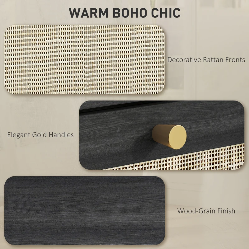 HOMCOM 3 Drawer Filing Cabinet with Lock, Boho File Cabinet for A4 Letter Size Files with Decorative Rattan Accents, Black