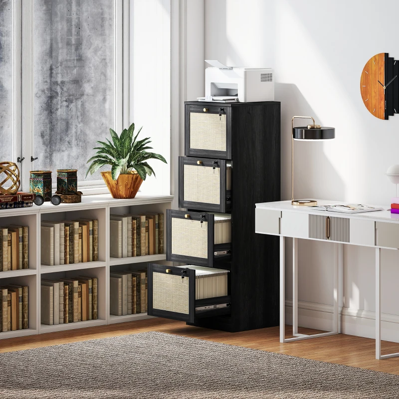 HOMCOM 4 Drawer Filing Cabinet with Lock, Boho File Cabinet for A4 Letter Size Files with Decorative Rattan Accents, Black