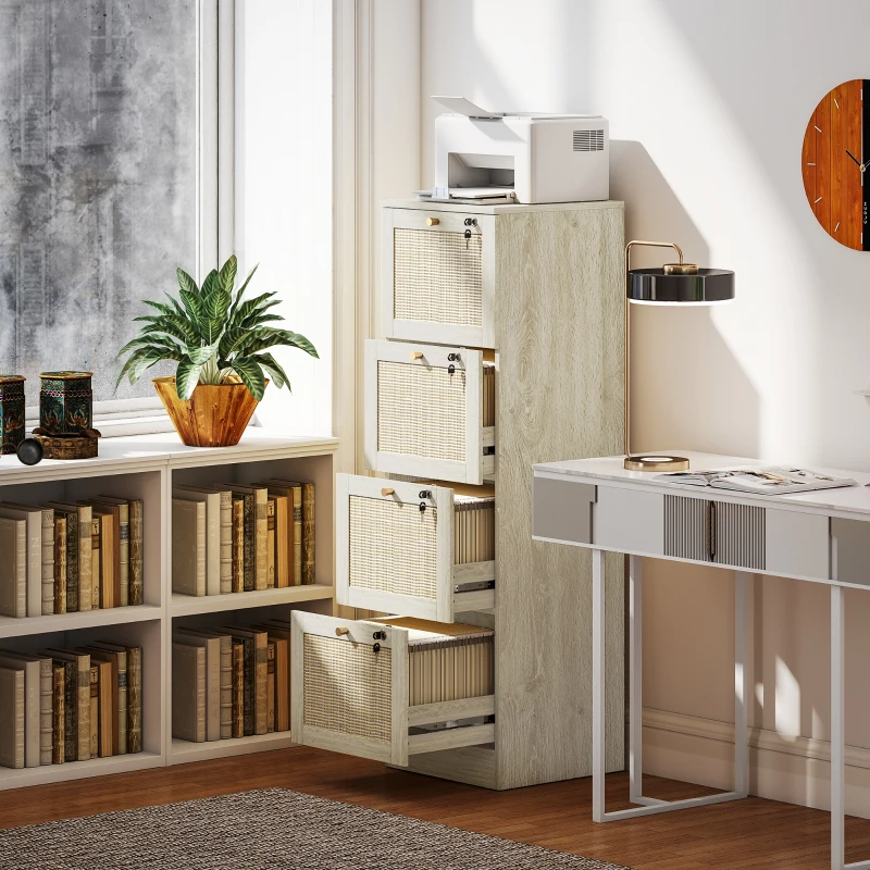 HOMCOM 4 Drawer Filing Cabinet with Lock, Boho File Cabinet for A4 Letter Size Files with Decorative Rattan Accents, Oak