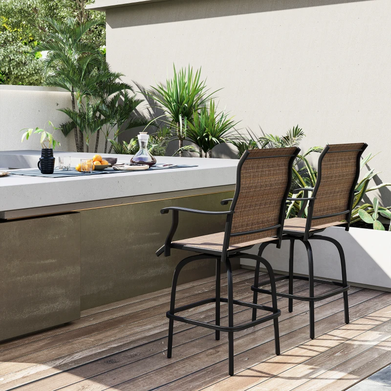 Outsunny Set of 2 Outdoor Swivel Bar Stools with Armrests, Bar Height Patio Chairs with Steel Frame for Balcony, Poolside, Backyard, Brown