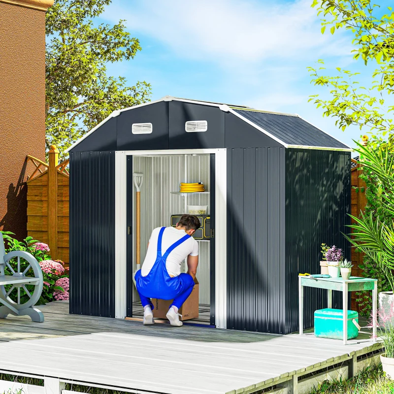 Outsunny 8' x 4' Galvanized Outdoor Storage Shed, Garden Shed with Adjustable Shelves, Double Sliding Doors and Vents