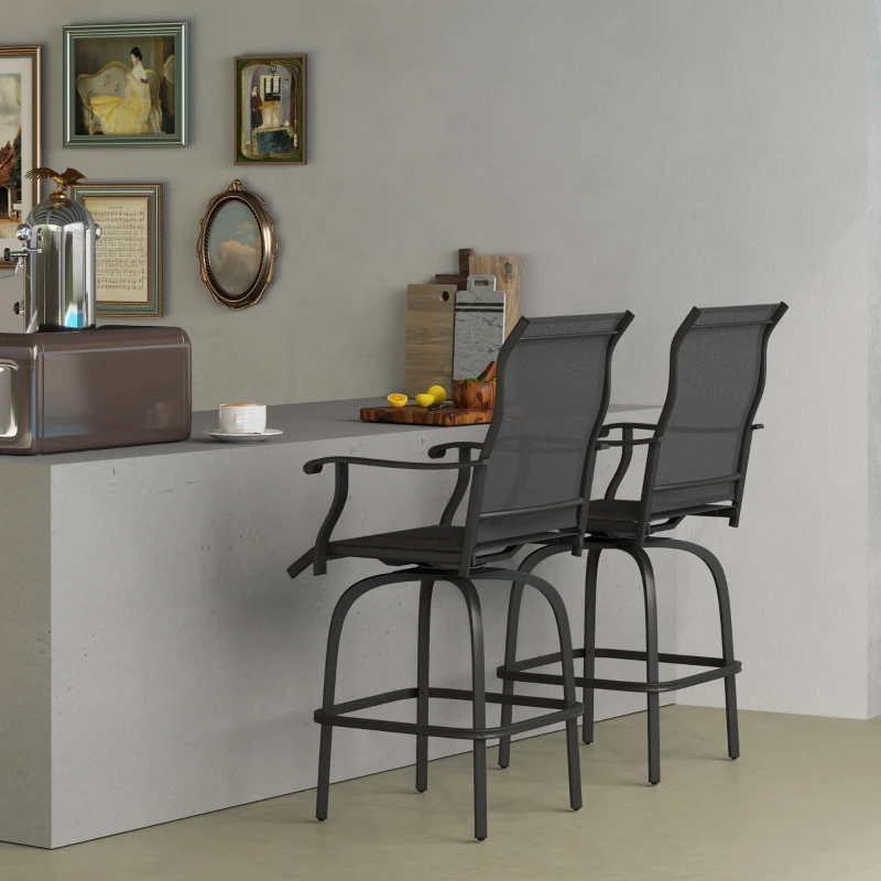 Outsunny Set of 2 Outdoor Swivel Bar Stools with Armrests, Bar Height Patio Chairs with Steel Frame for Balcony, Poolside, Backyard, Black