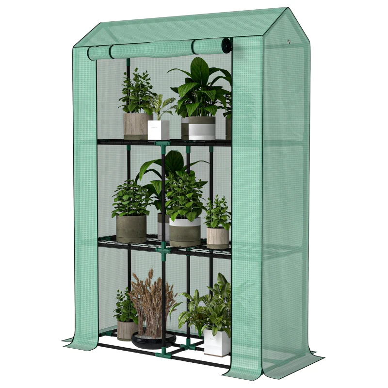 Outsunny Mini Greenhouse with 3 Tier Shelves, 3 Roll-Up Doors for Indoor Outdoor, Green
