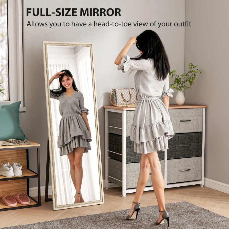 HOMCOM Full Length Mirror, 64" x 21" Rectangle Full Body Mirror with Dual-Tone Frame for Bedroom, White Wood Grain