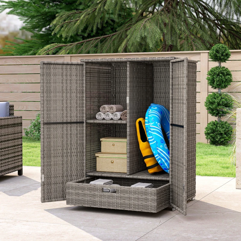 Outsunny Wicker Outdoor Storage Cabinet, 2-Door Rattan Pool Towel Storage Cabinet with Drawer & Removable Shelf, Dark Grey
