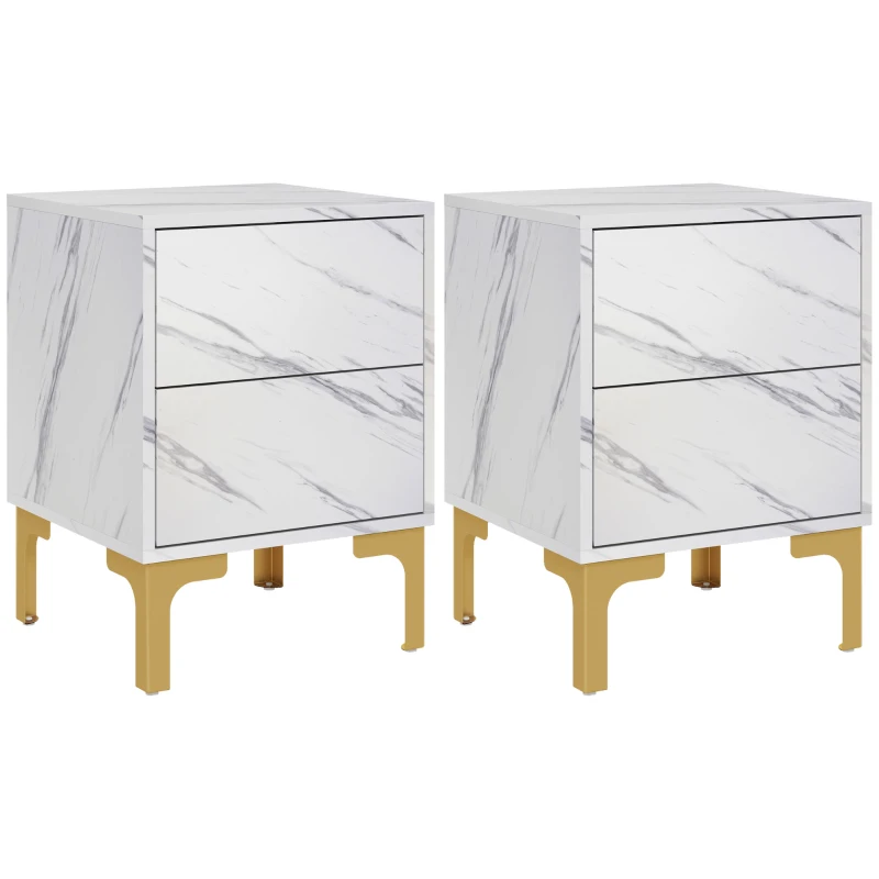 HOMCOM Faux Marbled Bedside Tables Set of 2, Accent Nightstands with Drawers for Bedroom, Living Room, White