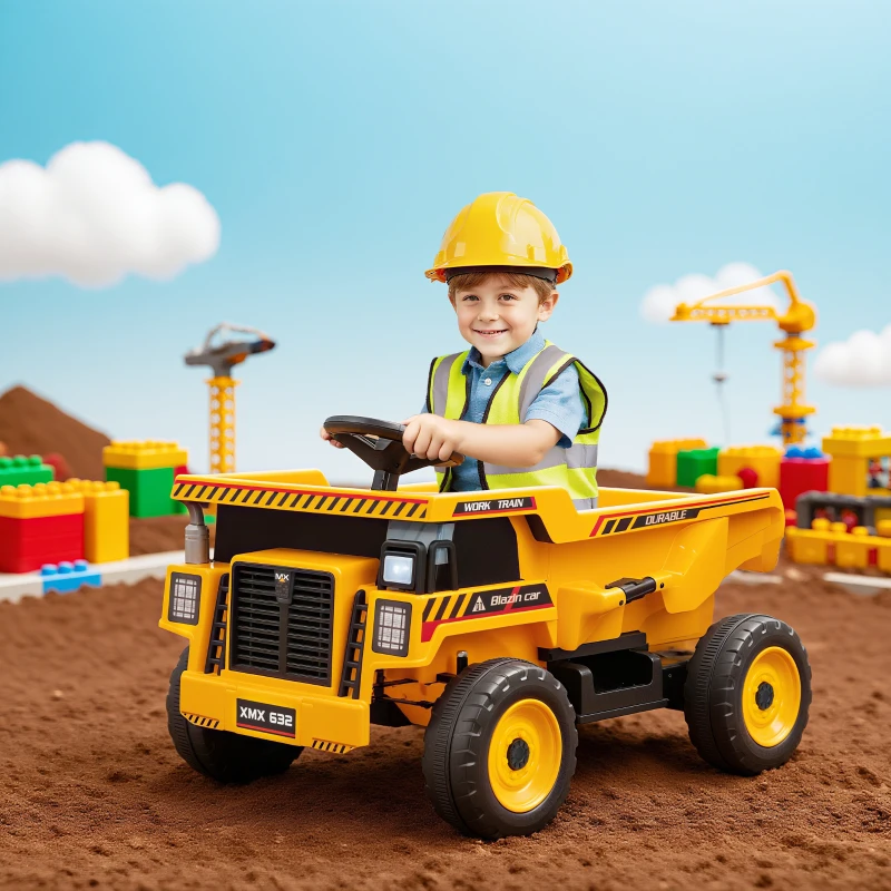 Qaba Kids Electric Car, Ride On Dump Truck, 12V Ride On Toy with Electric Dump Bed and Remote Control, Yellow