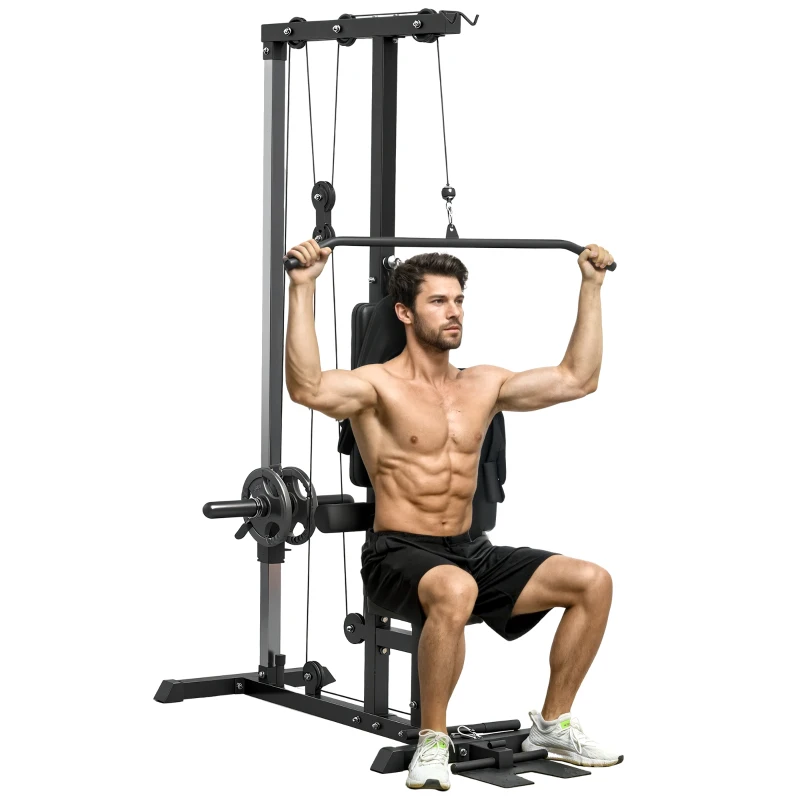 Soozier Lat Pull Down Machine, High / Low Pulley Machine with Adjustable Seat and Flip-Up Footplate, Black