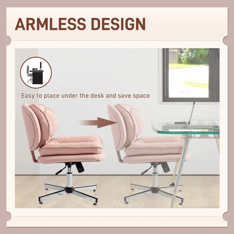 HOMCOM Criss Cross Chair, Armless Wide Office Chair with Leathaire Upholstery, Tilting, No Wheels, Pink
