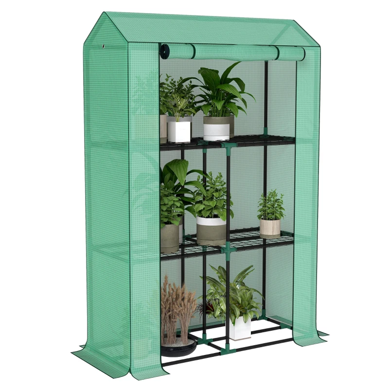 Outsunny Mini Greenhouse with 3 Tier Shelves, 3 Roll-Up Doors for Indoor Outdoor, Green