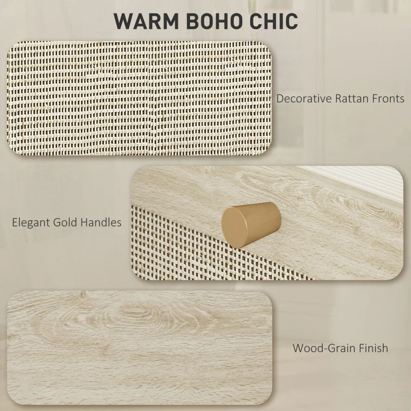 HOMCOM 2 Drawer Filing Cabinet with Lock, Boho File Cabinet for A4 Letter Size Files with Decorative Rattan Accents, Oak