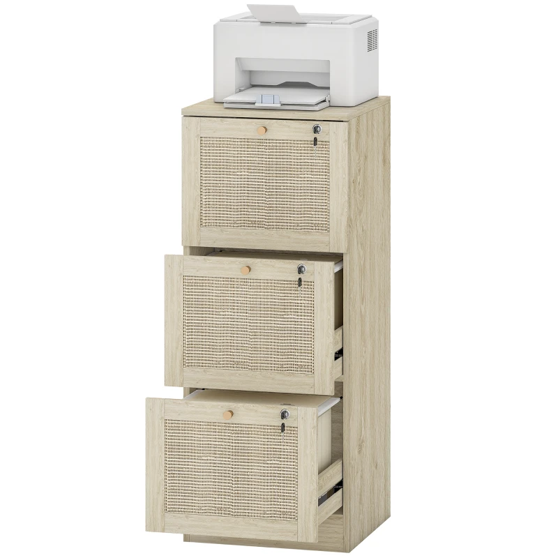 HOMCOM 3 Drawer Filing Cabinet with Lock, Boho File Cabinet for A4 Letter Size Files with Decorative Rattan Accents, Oak