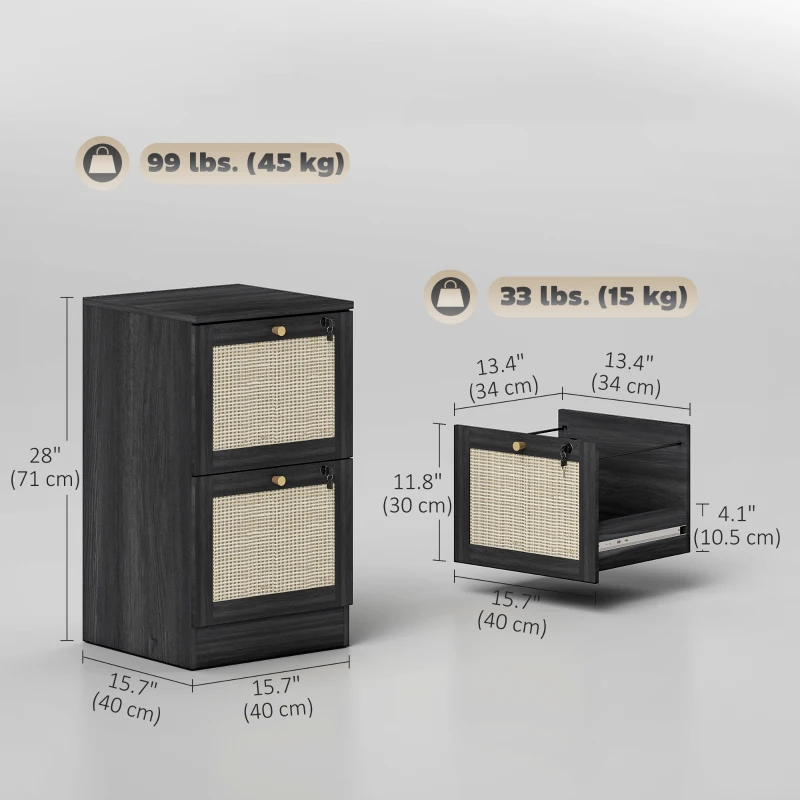 HOMCOM 2 Drawer Filing Cabinet with Lock, Boho File Cabinet for A4 Letter Size Files with Decorative Rattan Accents, Black