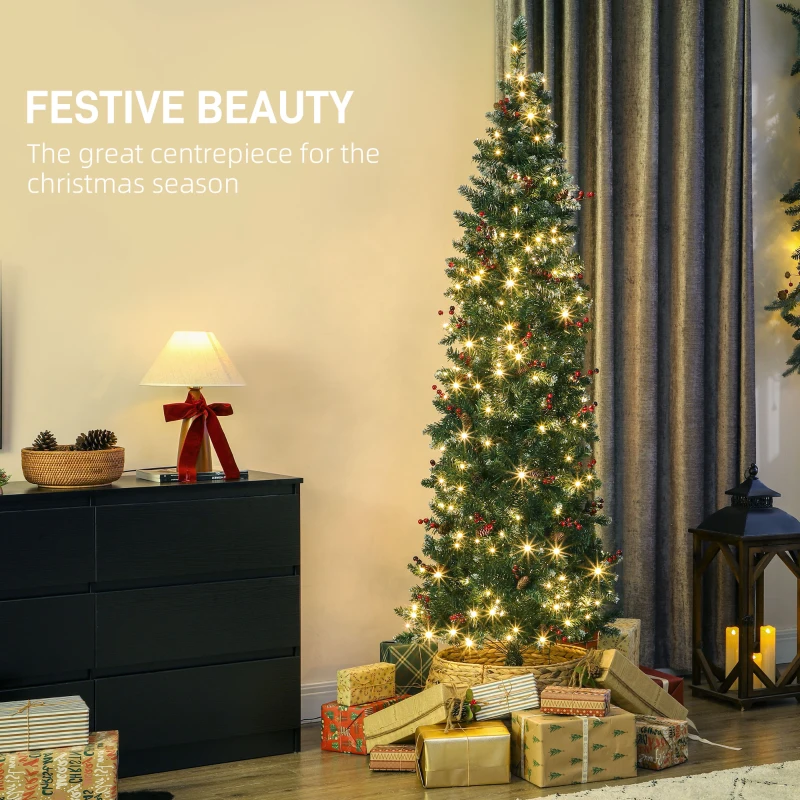 HOMCOM 7 ft Pencil Prelit Christmas Tree with LED Light, Silver Glitter, Dense Pointed Branches, 8 Modes, Slim Xmas Tree