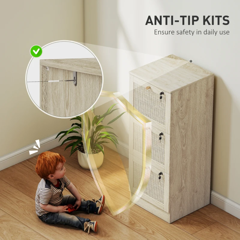 HOMCOM 3 Drawer Filing Cabinet with Lock, Boho File Cabinet for A4 Letter Size Files with Decorative Rattan Accents, Oak