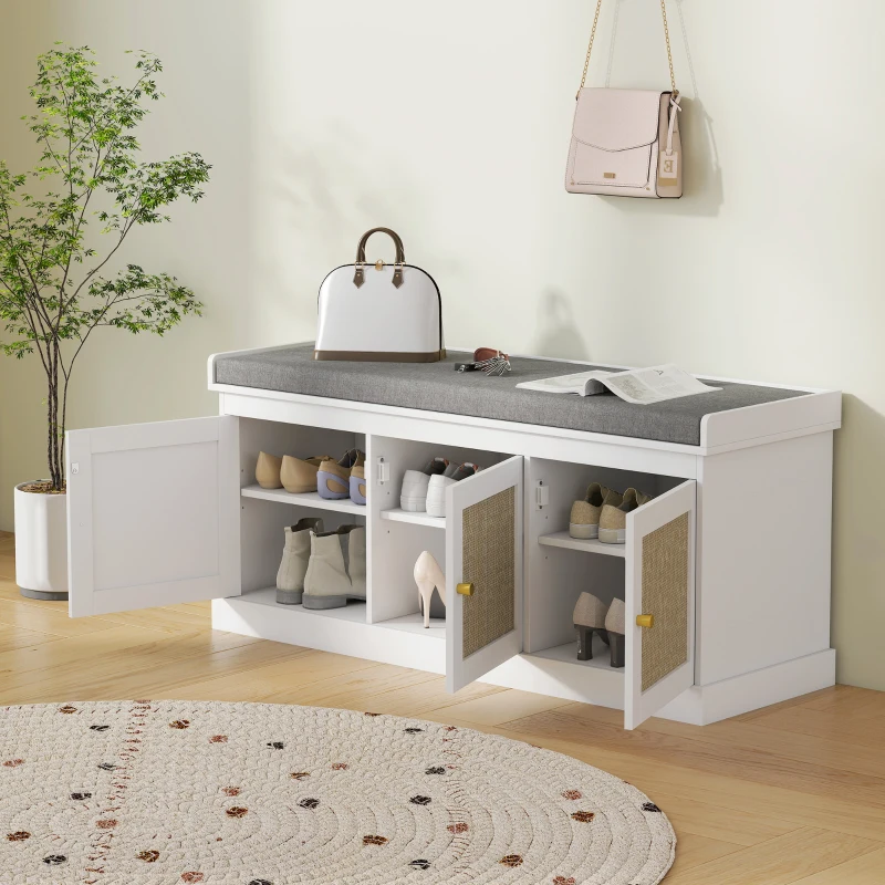 HOMCOM Shoe Storage Bench with Woven Rattan Doors, Shoe Bench with Cushion, Adjustable Shelves, Entryway Bench, White