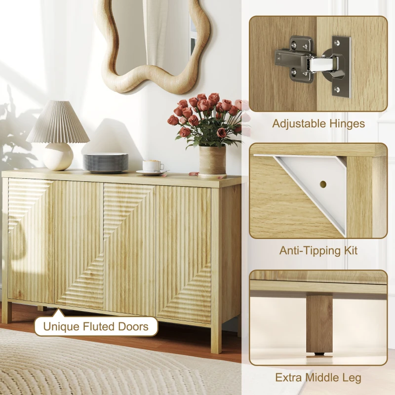 HOMCOM 47" Buffet Cabinet with Storage, Fluted Sideboard with Push to Open Design, 2 Adjustable Shelves and 4 Doors, Natural