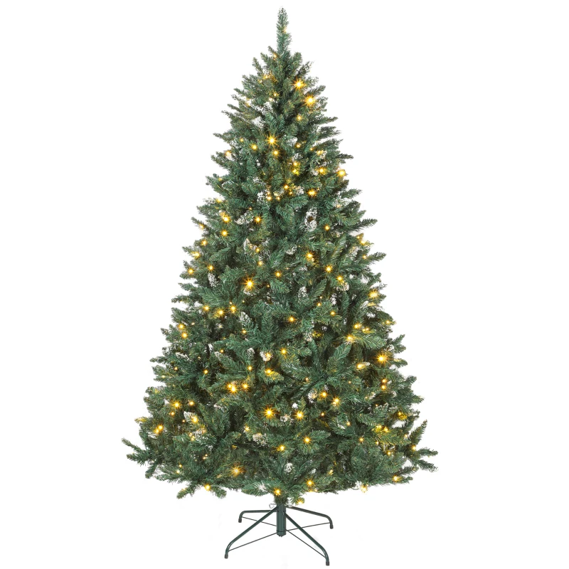 HOMCOM 7 ft Frosted Prelit Christmas Tree, Full Spruce Xmas Tree with Dual Colour LED Light, Hinged Xmas Tree, Easy Assembly