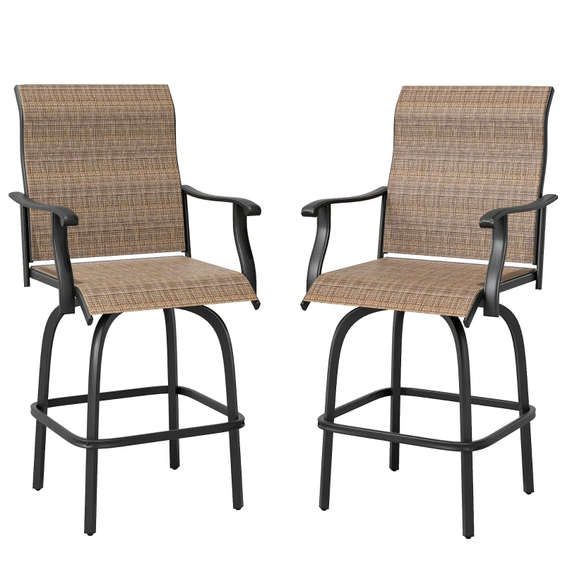 Outsunny Set of 2 Outdoor Swivel Bar Stools with Armrests, Bar Height Patio Chairs with Steel Frame for Balcony, Poolside, Backyard, Brown