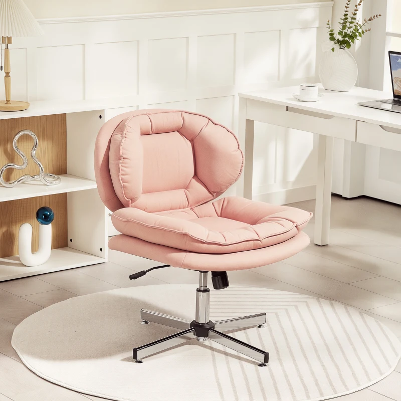 HOMCOM Criss Cross Chair, Armless Wide Office Chair with Leathaire Upholstery, Tilting, No Wheels, Pink
