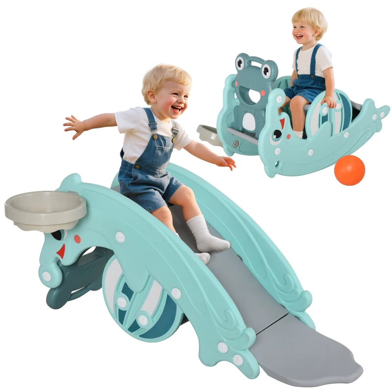 Qaba 3-in-1 Kids Portable Slide Rocking Horse Toy with Basketball Hoop for Age 1.5-3 Boys and Girls, Mint Green