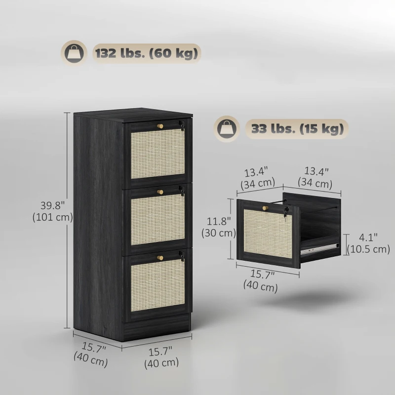 HOMCOM 3 Drawer Filing Cabinet with Lock, Boho File Cabinet for A4 Letter Size Files with Decorative Rattan Accents, Black