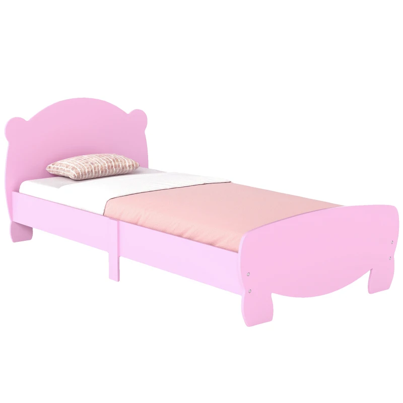 Qaba Twin Bed Frame with Bear Shaped Headboard & Footboard, Slats Support, No Box Spring Needed, for Boys, Girls, Pink