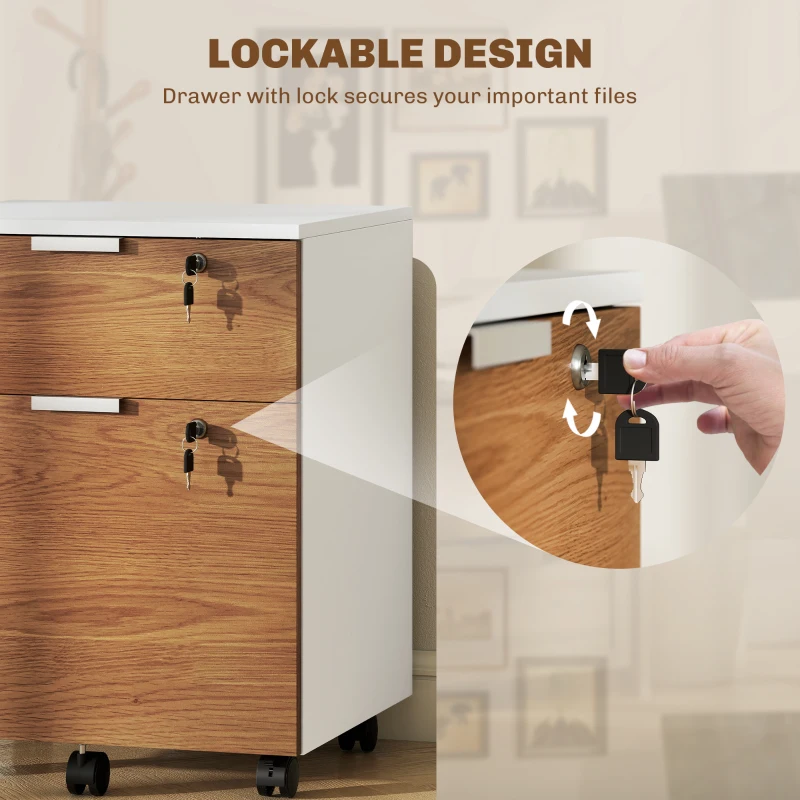 HOMCOM 2 Drawer Small Filing Cabinet Lockable Office Storage Cabinet with Hanging Bars for A4 Legal Letter White Nature Wood