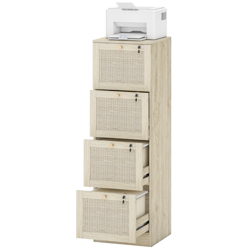 HOMCOM 4 Drawer Filing Cabinet with Lock, Boho File Cabinet for A4 Letter Size Files with Decorative Rattan Accents, Oak