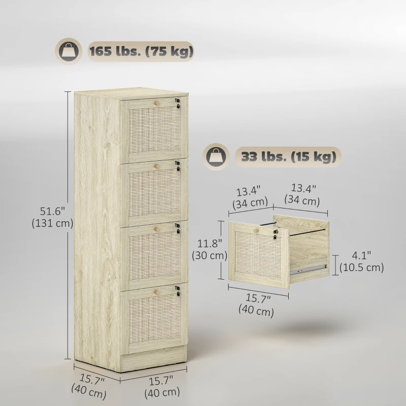 HOMCOM 4 Drawer Filing Cabinet with Lock, Boho File Cabinet for A4 Letter Size Files with Decorative Rattan Accents, Oak