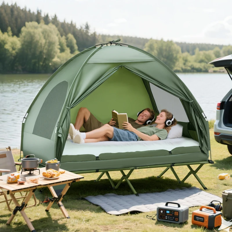 Outsunny 2-Person Tent Cot, 4-in-1 Folding Tent Combo with Air Mattress, Foot Pump, Carry Bag, Off Ground Travel Cot for Camping, Hiking, Backpacking(m-9)