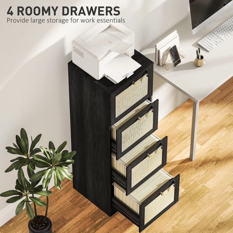 HOMCOM 4 Drawer Filing Cabinet with Lock, Boho File Cabinet for A4 Letter Size Files with Decorative Rattan Accents, Black