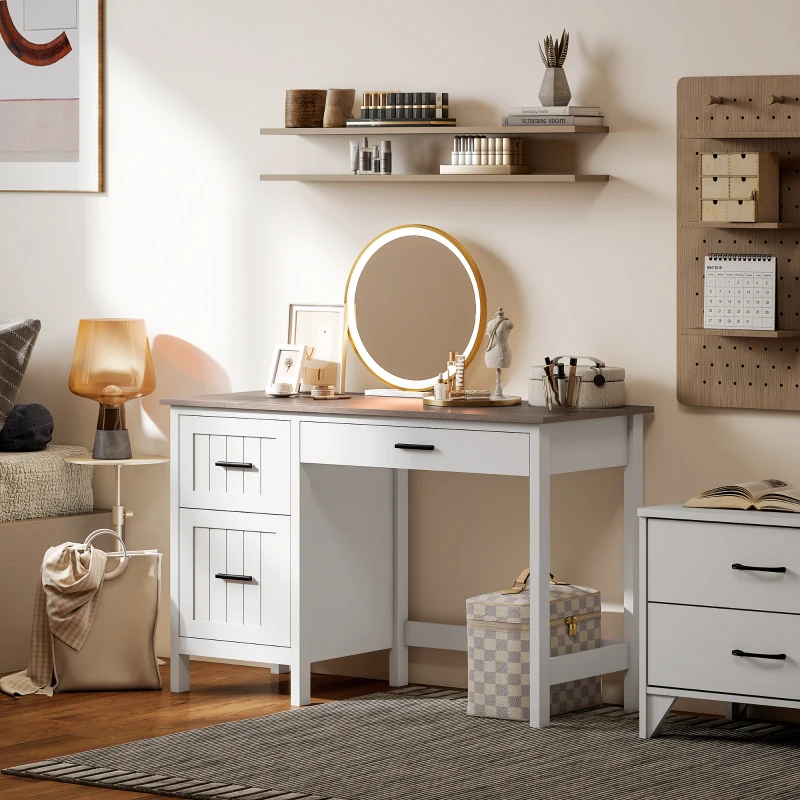 HOMCOM Computer Desk with 3 Drawers, Farmhouse Home Office Desk with File Drawer and Wood Grain Top for Small Spaces, White