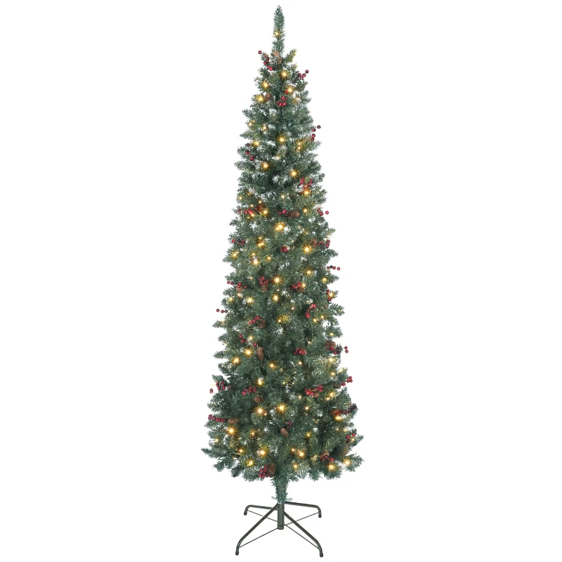 HOMCOM 7 ft Pencil Prelit Christmas Tree with LED Light, Silver Glitter, Dense Pointed Branches, 8 Modes, Slim Xmas Tree