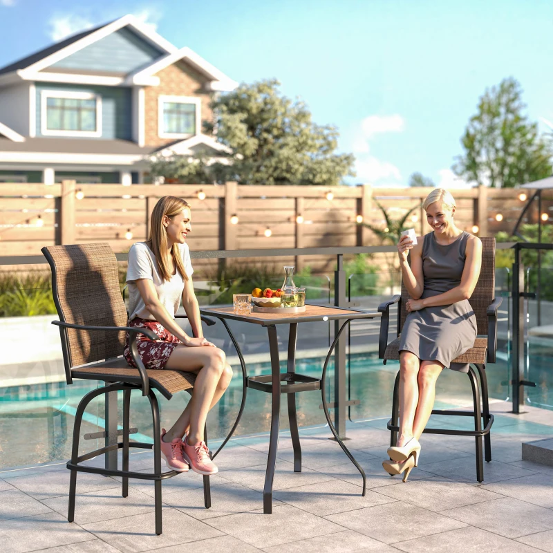 Outsunny Outdoor Bar Stools Set of 2, Swivel Bar Height Chairs with High Back, Curved Armrests and Steel Frame for Balcony, Brown