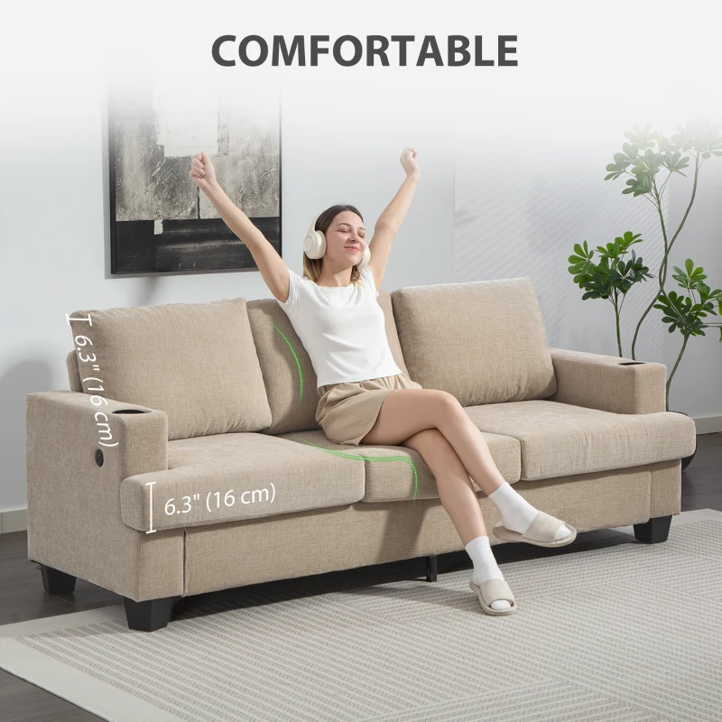 HOMCOM 3 Seater Sofa with USB Ports & Cup Holders, Chenille-Feel Upholstered Couch for Living Room, Light Brown