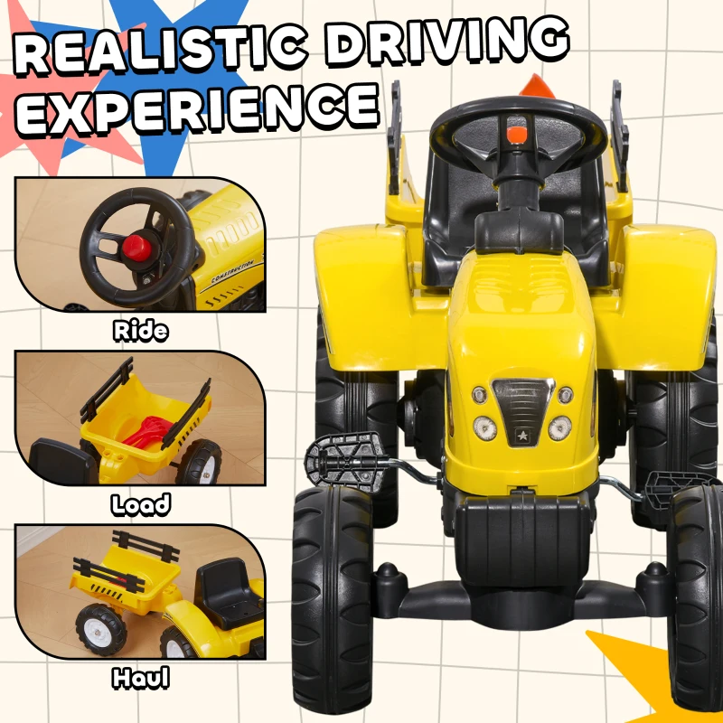 Aosom Kids Ride on Tractor with Back Trailer, Shovel & Rake, Horn, Pedal Go Kart for 3 Years Old, Yellow(m-4)