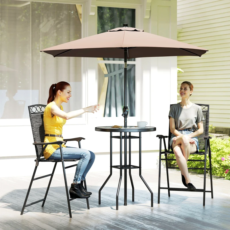 Outsunny 4 Piece Outdoor Bar Set with Umbrella, Patio Dining Set with 2 Folding Chairs, Wave Textured Tempered Glass Table for Backyard, Garden, Deck, Poolside, Black