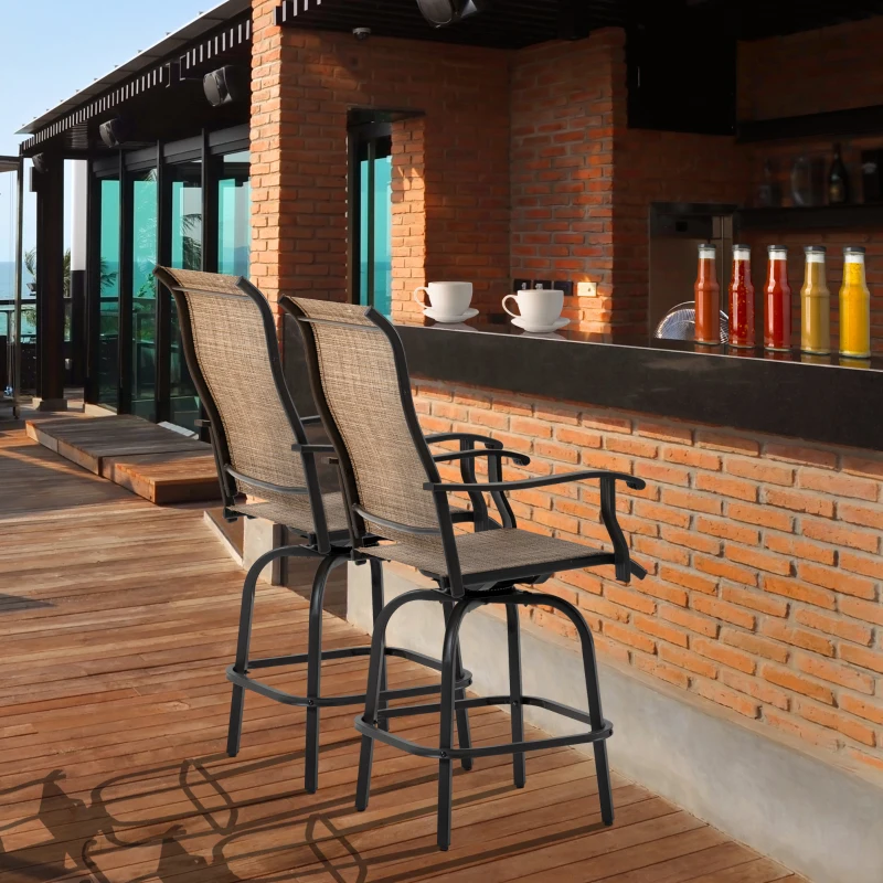 Outsunny Outdoor Bar Stools Set of 2, Swivel Bar Height Chairs with High Back, Curved Armrests and Steel Frame for Balcony, Brown