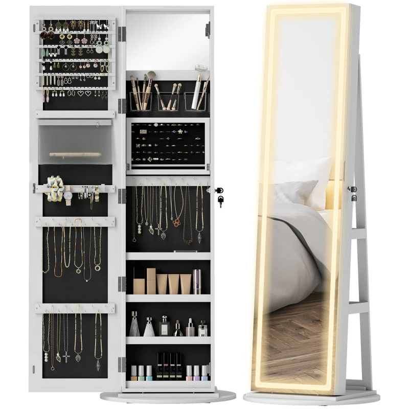 HOMCOM Jewelry Cabinet with Full Length Lockable Mirror, Standing Jewelry Armoire Organizer with LEDs, White