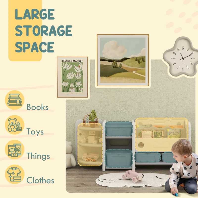 Qaba Toy Storage Organizer with 4 Storage Boxes, Bookshelves, Storage Racks, for Nursery, Kids Room, Playroom, Cream White